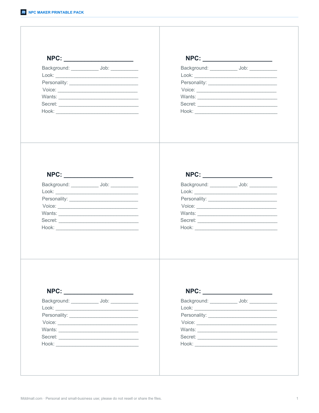 Preview of the first page of NPC cards (PDF)